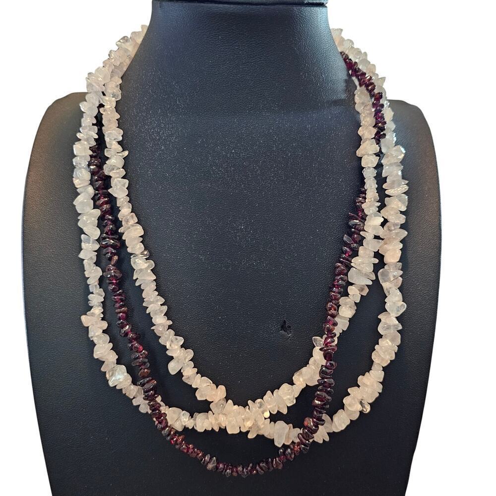 Vintage Garnet Quartz Necklace Red White Gemstone Raw Beaded 10" Layered Neutral